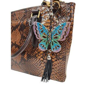 Lt Purple Handpainted Wooden Butterfly Purse Leather Tassel Stone Beaded Leather